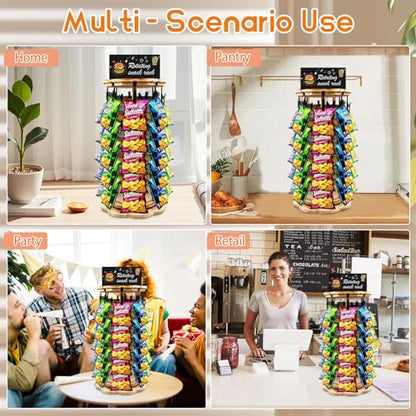Chip Rack Display Stand 5 Tiers 40 Clips Snack Organizer With Message Board Rotating Potato Chip Rack Display Stand with Wooden Base Chip Holder for Party Retail Concession Countertop