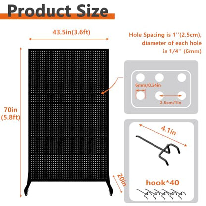 Royxen 70 x 44 Inch Metal Pegboard with 40 Hooks, Large Standing Pegboard Display with T-Base, Peg Board Display Stand with Wheels, Art Display Stand for Retail Stores Exhibitions Homes (Black) - color: Black