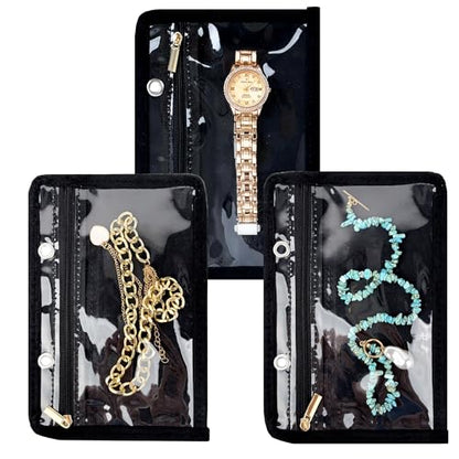 Travel Jewelry Organizer Case,Small Jewelry Bags Jewelry Storage Book Ring Binder with Clear Zipper Velvet Pouch for Traveling (Inner Pages,Black,3 PCS,Large) - color: Inner Pages,Black,3 PCS,Large
