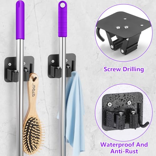 Stainless Steel Broom Holder, Heavy Duty, Rust Resistant, 4 Gripper Positions with 4 Hooks, Black - color: Black