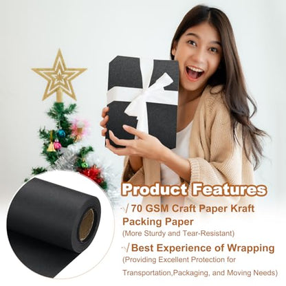 PATIKIL Wrapping Paper, 12" x 394"(33') 70 GSM Craft Paper Roll Kraft Packing Paper for Poster Bulletin Board, Gift Wrapping, Black - color: Black, size: 12" x 394"(33')