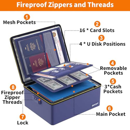 ENGPOW Fireproof Document Box with Lock & Heat-Resistant Fireproof Zipper - color: Blue, size: 15.4 x 11.8 x 5.5 inches