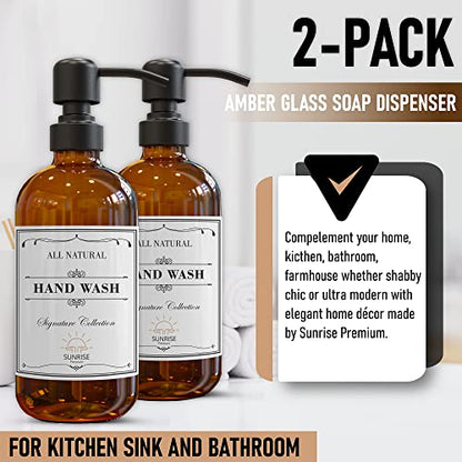 Sunrise Premium Amber Glass Soap Dispenser Matte Black with Pump, 2 Pack - color: Matte Black Ss Pump - Amber Glass