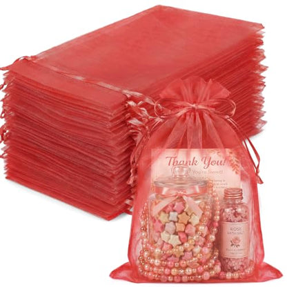 FUNFERY 100Pcs Red Organza Bags 5x7 in,Small Mesh Drawstring Gift Bag - color: Classic Red