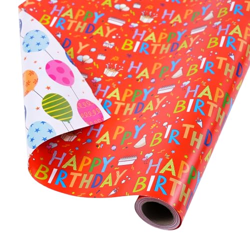 Ulmasinn Birthday Wrapping Paper Roll, 17" x 33', Double Sided Happy Birthday & Balloon Design, Thick 80gsm Gift Wrap for Kids, Boys, Girls and Adults, Mini Roll for Small to Medium Birthday Gifts - color: Birthday red