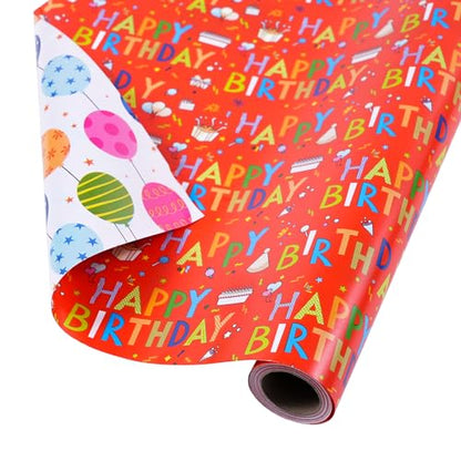 Ulmasinn Birthday Wrapping Paper Roll, 17" x 33', Double Sided Happy Birthday & Balloon Design, Thick 80gsm Gift Wrap for Kids, Boys, Girls and Adults, Mini Roll for Small to Medium Birthday Gifts - color: Birthday red
