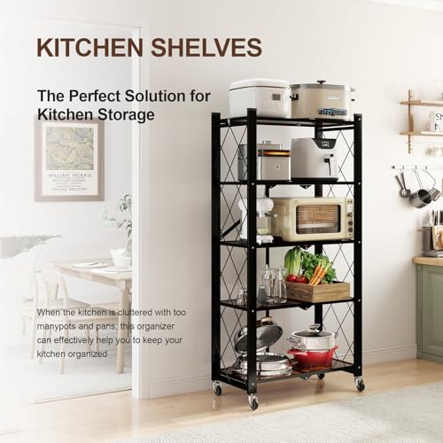 5 Tier Folding Shelf with Wheels, Wood and Metal Bookshelf - color: Brown Wooden, size: 5 Tier