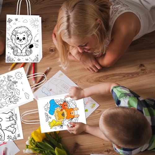 Lyosehy 24Pack Jungle Animal Coloring Paper Bags Color Your Own Animal Bags with Handles Safari Paper Coloring Crafts Art Painting Party Favors Supplies Gifts Wrapping