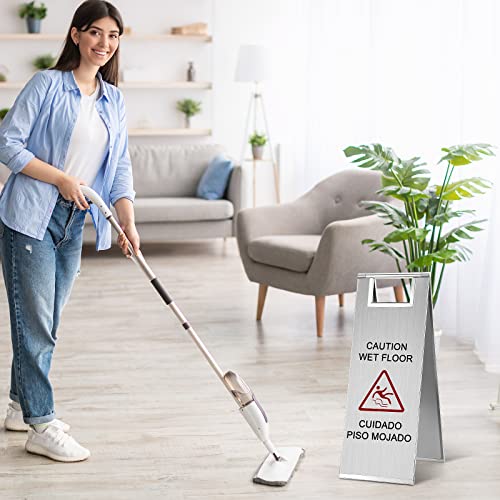 LEIFIDE 1 Pcs Wet Floor Signs, Bilingual Stainless Steel,Silver - color: Silver