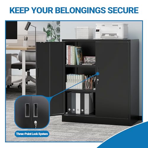 Metal Storage Cabinet,36" Locking Cabinet with 2 Adjustable Shelves - color: Black, size: 36"H×32"W×16"D