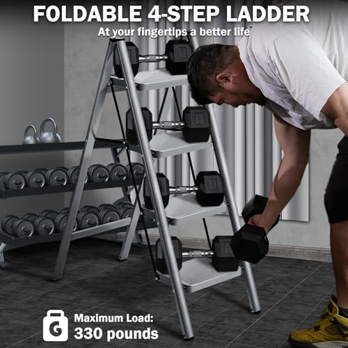 XinSunho 4 Step Ladder, Steel Folding Step Stool with 330lbs Heavy Duty - size: 4 step
