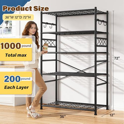 DurayLoly Heavy Duty 5-Tier 1000LBS Metal Shelving with 4 Side Hooks, Black - size: 36" W x 12" D x 72" H (5T)