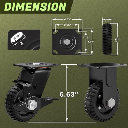 5inch Heavy Duty Caster Wheels, 1100lb Solid Rubber Plate Casters, Knobby Tread with Brake for Workbench, Dolly, Cart, Wagon, Trolley, Chicken Coop - Set of 4 (2 Brake & 2 Rigid)