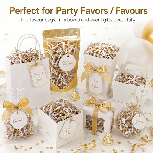 STRBOXONG White & Gold Crinkle Paper Filler 1 LB, Recyclable Crinkle Cut Paper Shred for Gift Baskets, Holiday Gift Boxes, Gift Bags, Party Favors, Wedding Favors and Retail Displays - color: White & Gold