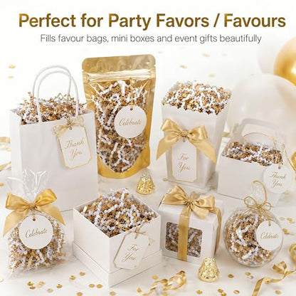 STRBOXONG White & Gold Crinkle Paper Filler 1 LB, Recyclable Crinkle Cut Paper Shred for Gift Baskets, Holiday Gift Boxes, Gift Bags, Party Favors, Wedding Favors and Retail Displays - color: White & Gold