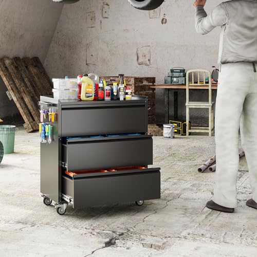 35.5" Rolling Tool Cabinet with 3 Drawers and Side Pegboards - color: Black, size: 18.1"D x 30.3"W x 35.5"H