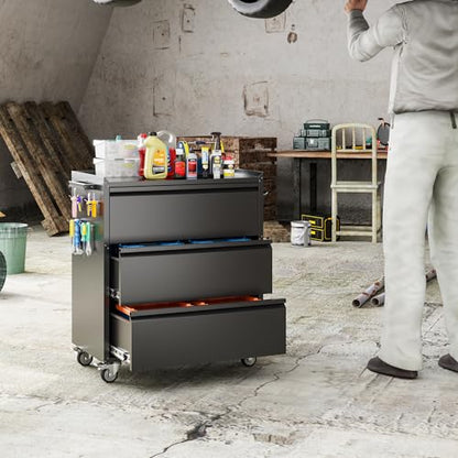 35.5" Rolling Tool Cabinet with 3 Drawers and Side Pegboards - color: Black, size: 18.1"D x 30.3"W x 35.5"H