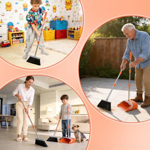 YZO Broom with Dustpan Combo Set, 54.33 Inch Long Handle Standing Design, Dustpan Front Rubber Tight Seal, Broom with 5 Layer Bristles, Suitable for Living Room, Yard, Office and Apartment (Orange) - color: Orange