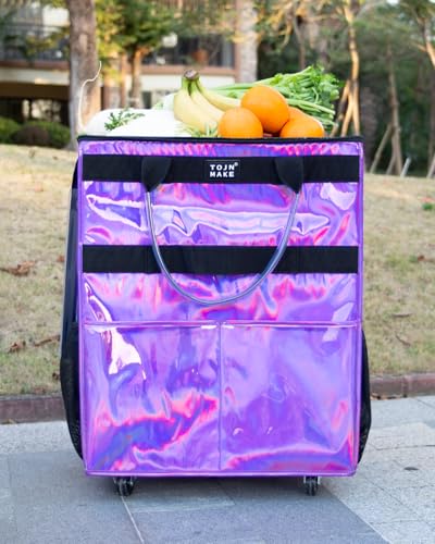 Reusable Grocery Bag with Wheels, Large Glitter Purple Rolling Tote - color: Glitter Purple, size: Large