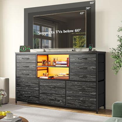EnHomee Dresser for Bedroom with LED Lights & Charging Station - color: Black