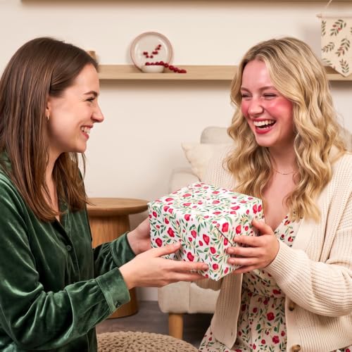 Burymento Floral Gift Wrapping Paper Roll for Women Girls - color: White - Red Floral