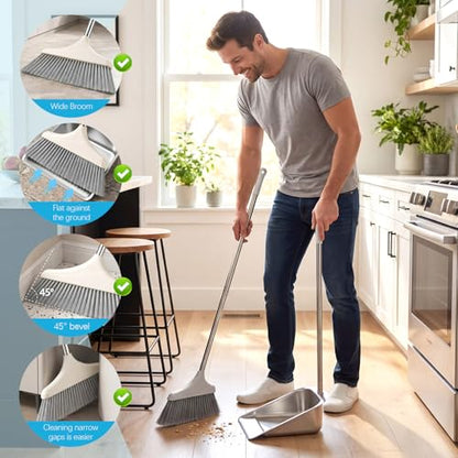 2 Pack Stainless Steel Broom and Dustpan Set Heavy Duty, Long Handle Dustpan with Upright Stand, Angled Bristles for Indoor and Outdoor Home Kitchen Floor Cleaning