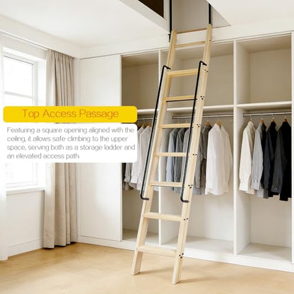 120" Solid Wood Sliding Library Ladder,10 Step Wooden Ladder with Handrails - size: Height 120"