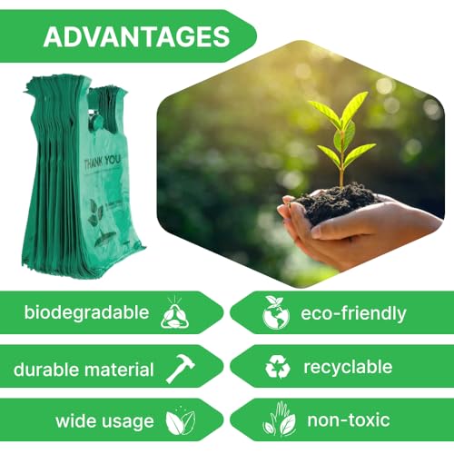 100 pcs Green T-Shirt Plastic Bags 22" x 12" Biodegradable To-Go Bags with Handles Thank You Shopping Bags Bulk for Small Business Restaurant Groceries Supermarket and Retail Use - style: 100 pcs