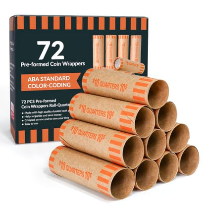 LLIKED 72 PCS Preformed Quarter Coin Wrappers Rolls - size: 72 Quarters Coin Rolls