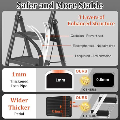 Foldable Step Ladder Stool for Home,3 Step Stool with Wide Anti-Slip Pedal, Heavy Duty 600Lbs Ladder for Indoor Kitchen Closet Stair Use, Black