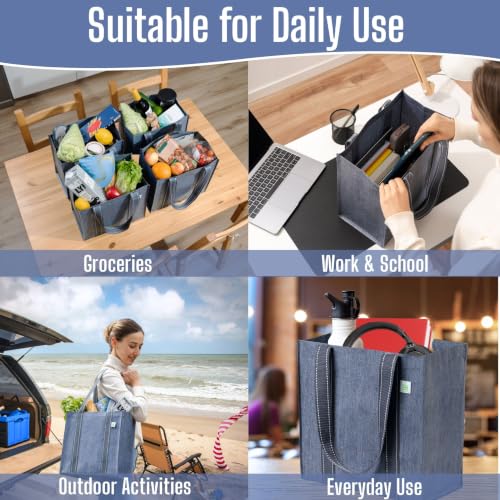 VENO 2/4 Pack Compact Reusable Grocery Shopping Bags with Hard Bottom - color: Gray-4 Pack