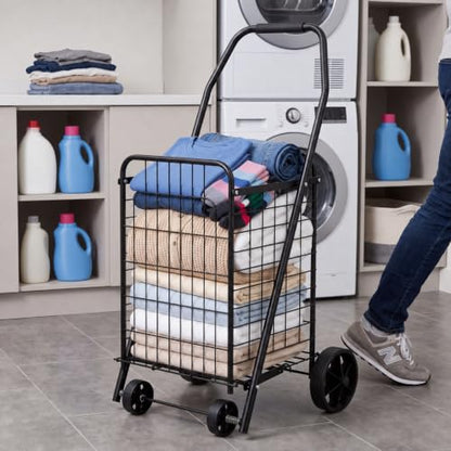 Foldable Shopping Cart with Wheels, Metal Rolling Utility Crate