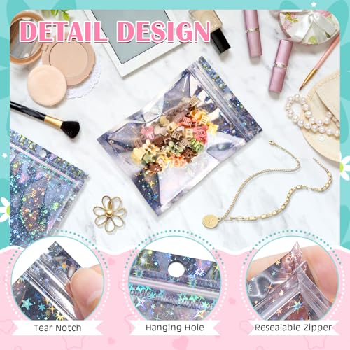 FUNFERY 100 Pack Star Pattern Clear Window Smell Proof 4x6 Holographic Bags - color: Holographic Star-100P, size: 4x6 inch