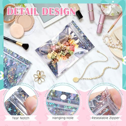 FUNFERY 100 Pack Star Pattern Clear Window Smell Proof 4x6 Holographic Bags - color: Holographic Star-100P, size: 4x6 inch