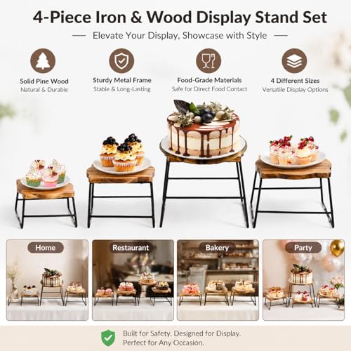 ZENFUN 4 Piece Wood Buffet Risers, Dessert Table Risers Food Display Riser, Pizza Pan Riser, Cupcake Stand & Wood Display Risers, Nesting Food Platter and Plate Holder