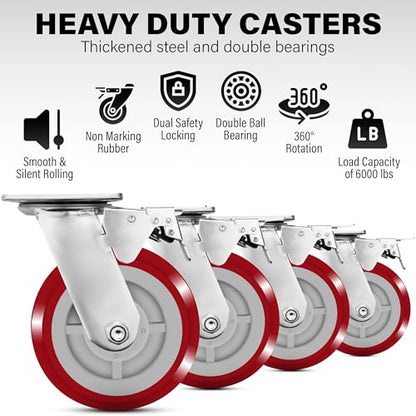 6 Inch Caster Wheels Heavy Duty Casters Set of 4, 6000 LBS Load Capacity - color: Red & Silver, size: 6 Inch
