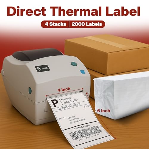 4" x 6" Fanfold Thermal Labels, 4 Stacks 2000 Direct Shipping Mailing Labels with Strong Adhesive, Waterproof and Scratch-Resistant, 1" Core Compatible with Zebra, Rollo Printer, Commercial Grade - size: 4 Stacks 2000 Labels