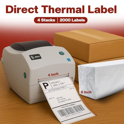 4" x 6" Fanfold Thermal Labels, 4 Stacks 2000 Direct Shipping Mailing Labels with Strong Adhesive, Waterproof and Scratch-Resistant, 1" Core Compatible with Zebra, Rollo Printer, Commercial Grade - size: 4 Stacks 2000 Labels