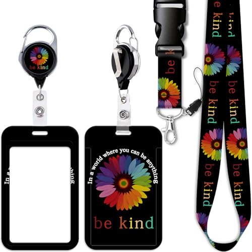Be Kind Breakaway ID Badge Holder Lanyard with Retractable Badge Reel Cute Flowers Keychain Lanyard for Women Teachers Men Kids for ID Badge Keys Cruise Ship Card Preppy School Reel ID Holder(Black) - color: Be Kind & Flower