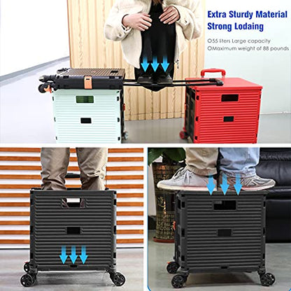 Foldable Utility Cart,Rolling Crate Heavy Duty Shopping Cart with 360° Silent Wheel with Brake System,55L Capacity,Transport Weight up to 177 Pounds,Travel Shopping Moving Luggage Office Use - color: Black&blue Lid