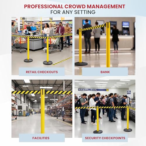 Crowd Control Warehouse 2-Pack Retractable Belt Stanchion Barriers, 11 Ft - color: Black/Yellow Belt, Yellow Post