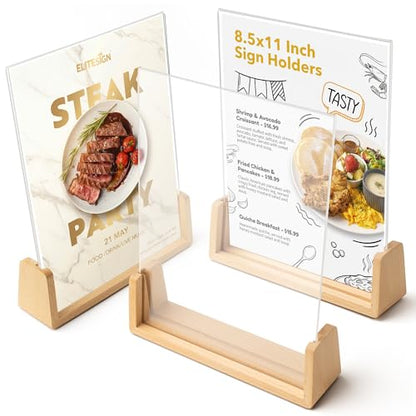 Acrylic Sign Holder 8.5 x 11 with Wood Base 3 Pack, Anti-Slip Silicone Bottom Menu Stand for Table, Clear Double Sided T-Shape & Slanted L-Shape Flyer Display for Office, Restaurant, Wedding - color: Natural Wood Color