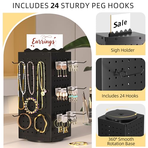 Urban Deco 360° Rotating Pegboard Display Stand - 24 Hooks, Signage, Black - color: Black