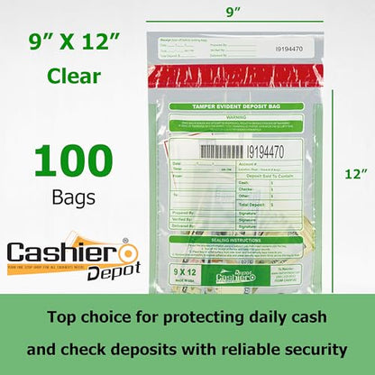 100 Cashier Depot - Tamper Evident Bank Deposit Bags, 9" x 12" Clear, 100 Count, Serialized Numbering with Barcode, Press and Seal Void Closure, Perforated Receipt, Made in USA