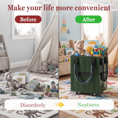 Reusable Grocery Bag on Wheel, Foldable Shopping Cart with Wheels, Can Carry up to 88 Pounds, Suitable for Groceries, Laundry, Camping and Moving. - color: Green -Medium