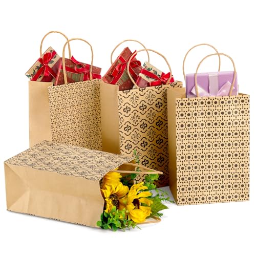 Elsjoy 100 Pack 4 Styles 5" x 8" Small Kraft Paper Gift Bags with Handles, Brown Paper Party Favor Bags, Vintage Paper Goodie Bags for Wedding, Birthday