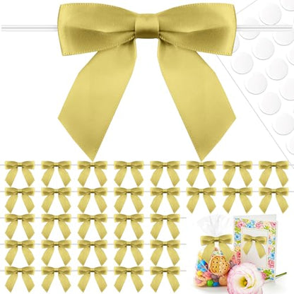 50 Pcs Gold Satin Ribbon Bows, 3.5" x 3.5", with Twist Ties - color: Gold