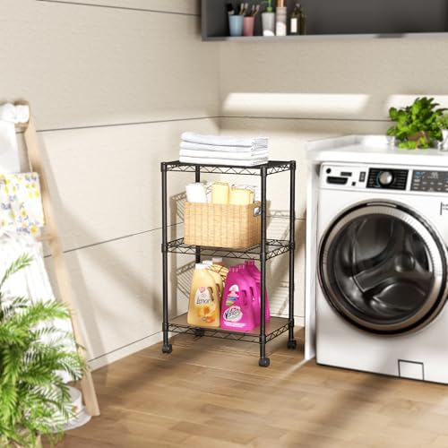 SINGAYE 3 Shelves Storage Shelf Wire Shelving Unit Metal Adjustable Wheels - color: Black, size: 3Tier/11.5"D X 17.5"W X 30.5"H