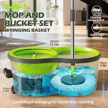 Masthome Compact Spin Mop Bucket System with Pedal Wringer Set - color: Green+dark Grey