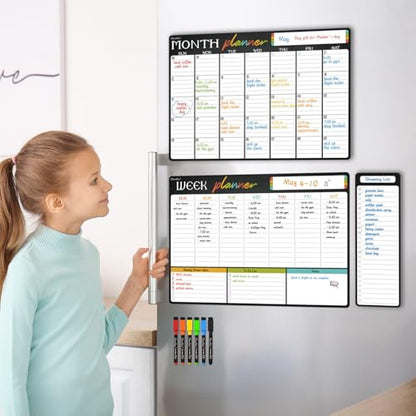Magnetic Dry Erase Monthly Calendar Set - 17"x12" Monthly and Weekly Calendar, 4"x12" List Board for Fridge - 6 Extra Fine Point Markers Included - Shipped Flat - style: Month+Week+List-a
